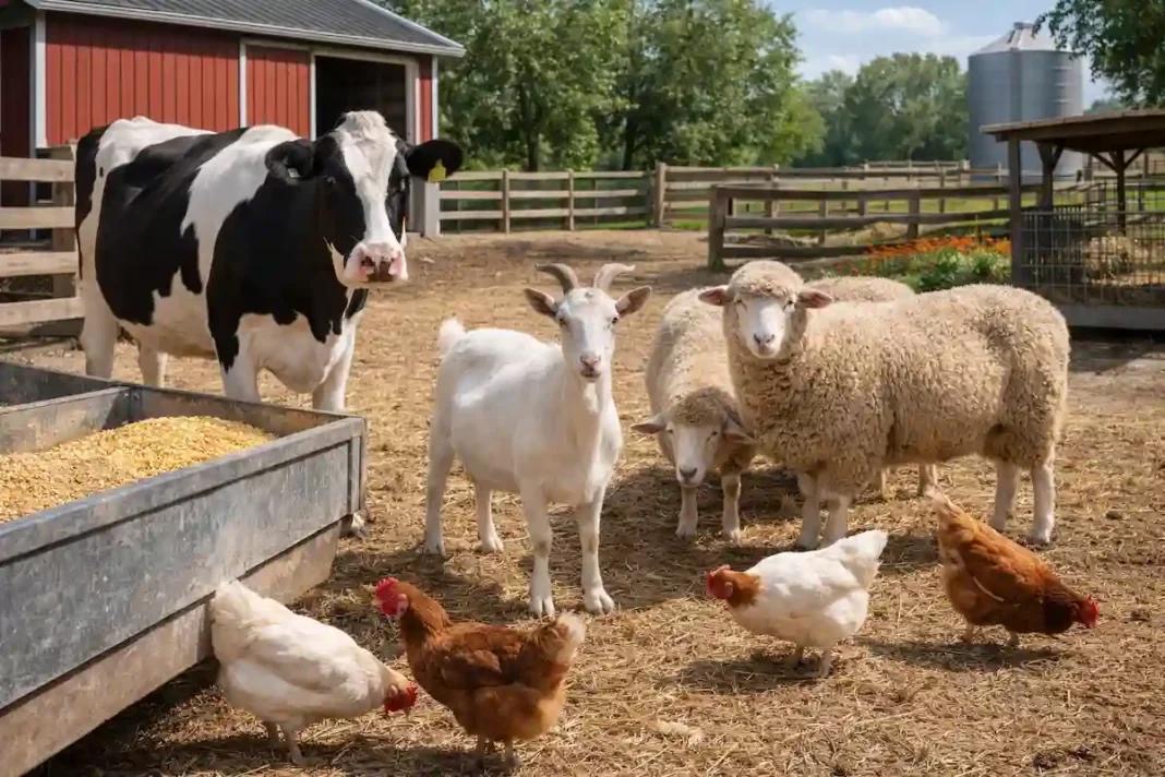 Farm animals in an outdoor enclosure