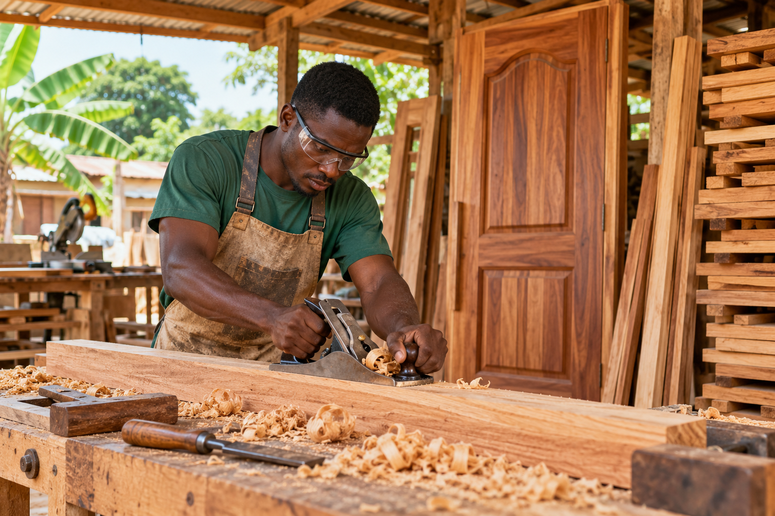 AI-generated illustration: Carpenter using a hand plane in a timber workshop